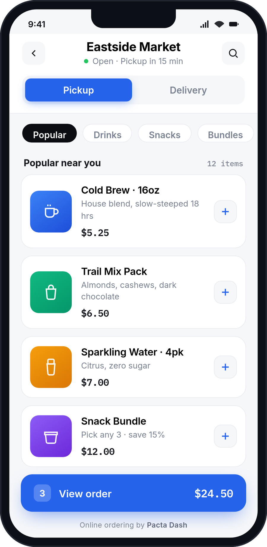 Pacta Dash online ordering on mobile